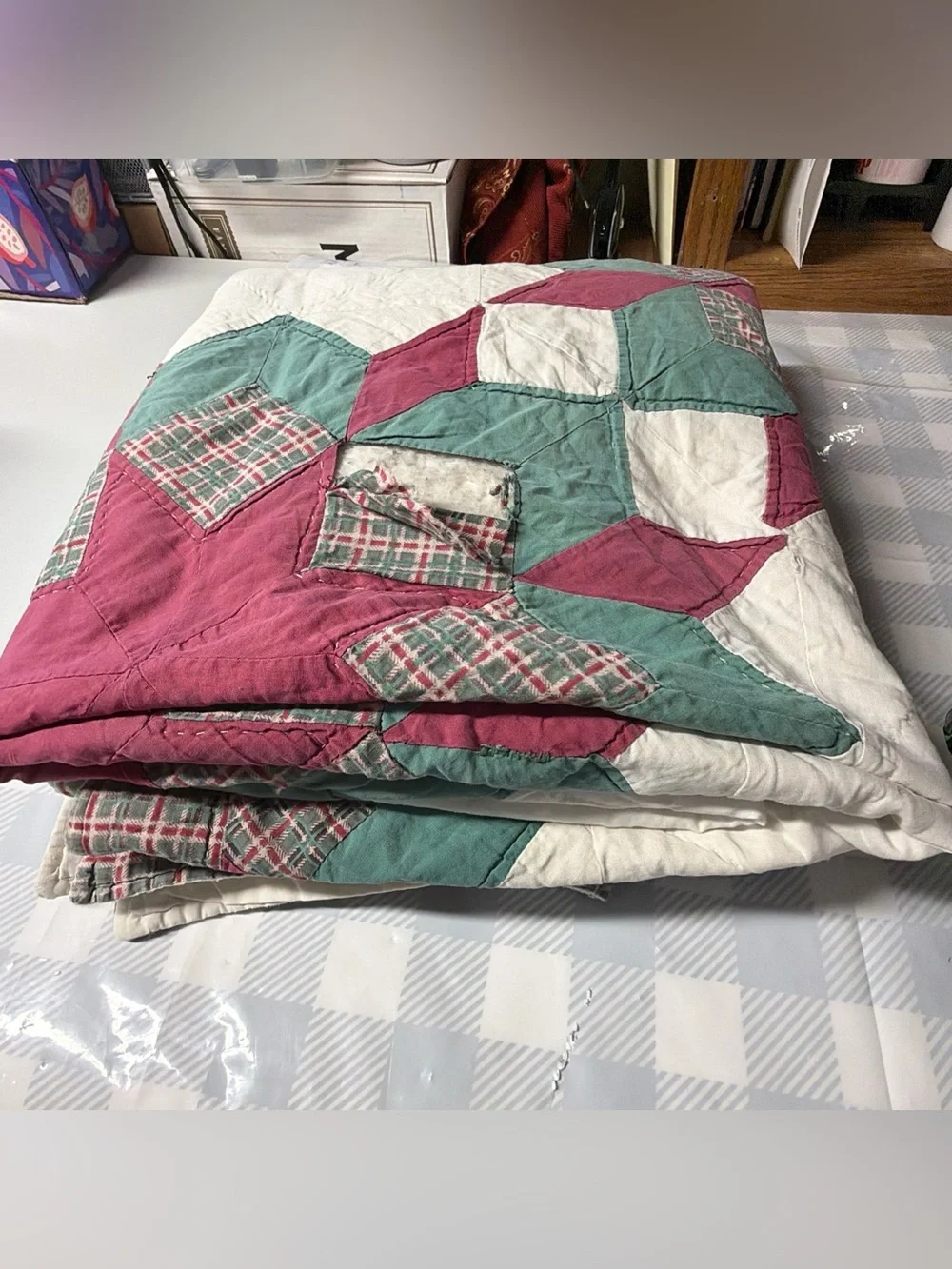 VTG Antique Very Old Quilt Blanket Patchwork 8 Pointed Stars 3D Hand Sewn 80x64”